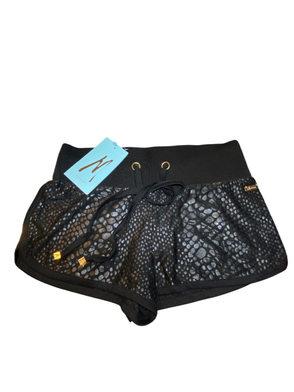 Guess By Marciano Black Silk Metallic Snake Python Print Drawstring Shorts XS